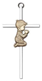 6 inch Antique Gold Praying Boy on a Polished Silver Finish Cross