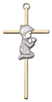 6 inch Antique Silver Praying Boy on a Polished Brass Cross