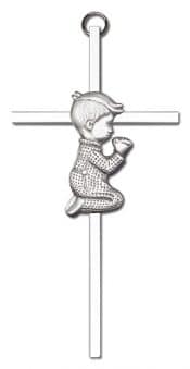 6 inch Antique Silver Praying Boy on a Polished Silver Finish Cross