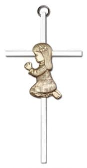 6 inch Antique Gold Praying Girl on a Polished Silver Finish Cross