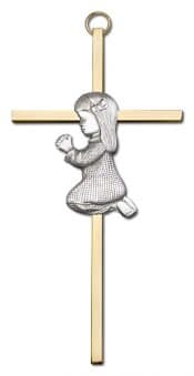 6 inch Antique Silver Praying Girl on a Polished Brass Cross