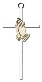 6 inch Antique Gold Praying Hands on a Polished Silver Finish Cross