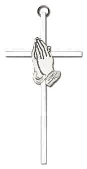6 inch Antique Silver Praying Hands on a Polished Silver Finish Cross