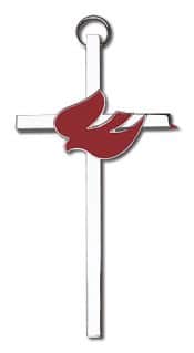 4 inch Polished Brass Red Enamel Holy Spirit on a Polished Silver Finish Cross