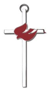 4 inch Polished Silver Finish Red Enamel Holy Spirit on a Polished Silver Finish Cross