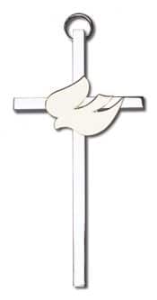 4 inch Polished Brass White Enamel Holy Spirit on a Polished Silver Finish Cross