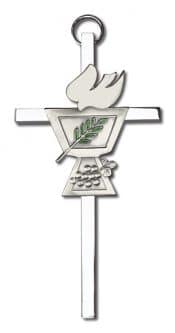 4 inch Antique Silver Confirmation Chalice on a Polished Silver Finish Cross