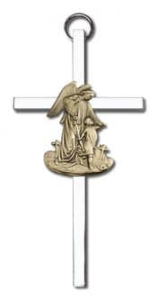 4 inch Antique Gold Guardian Angel on a Polished Silver Finish Cross
