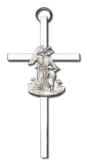 4 inch Antique Silver Guardian Angel on a Polished Silver Finish Cross