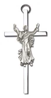 4 inch Antique Silver Risen Christ on a Polished Silver Finish Cross