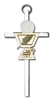 4 inch Antique Gold Communion Chalice on a Polished Silver Finish Cross