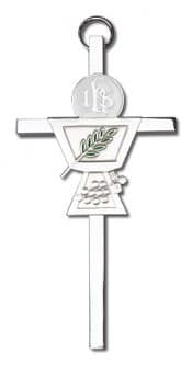 4 inch Antique Silver Communion Chalice on a Polished Silver Finish Cross