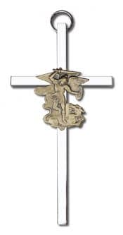 4 inch Antique Gold St. Michael on a Polished Silver Finish Cross