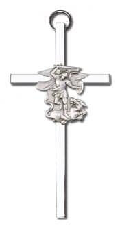 4 inch Antique Silver St. Michael on a Polished Silver Finish Cross