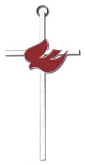 6 inch Polished Brass Red Enamel Holy Spirit on a Polished Silver Finish Cross