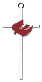 6 inch Polished Silver Finish Red Enamel Holy Spirit on a Polished Silver Finish Cross