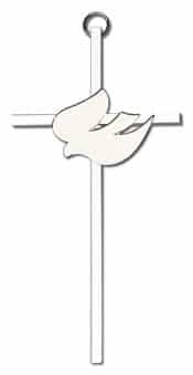 6 inch Polished Silver Finish White Enamel Holy Spirit on a Polished Silver Finish Cross