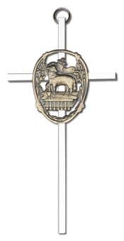 6 inch Antique Gold Lamb of God on a Polished Silver Finish Cross