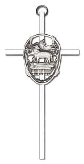 6 inch Antique Silver Lamb of God on a Polished Silver Finish Cross