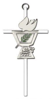 6 inch Antique Silver Confirmation Chalice on a Polished Silver Finish Cross