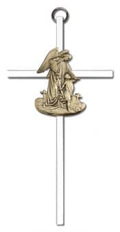 6 inch Antique Gold Guardian Angel on a Polished Silver Finish Cross