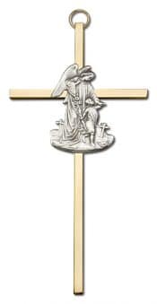 6 inch Antique Silver Guardian Angel on a Polished Brass Cross