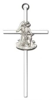 6 inch Antique Silver Guardian Angel on a Polished Silver Finish Cross
