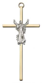 6 inch Antique Silver Risen Christ on a Polished Brass Cross