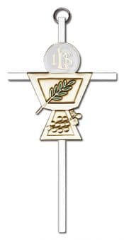 6 inch Antique Gold Communion Chalice on a Polished Silver Finish Cross