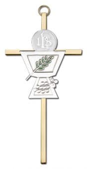 6 inch Antique Silver Communion Chalice on a Polished Brass Cross