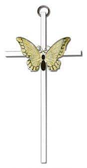 6 inch Polished Silver Finish Yellow Epoxy Resurrection on a Polished Silver Finish Cross