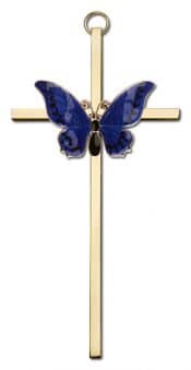 6 inch Antique Gold Blue Epoxy Resurrection on a Polished Brass Cross