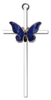 6 inch Antique Gold Blue Epoxy Resurrection on a Polished Silver Finish Cross