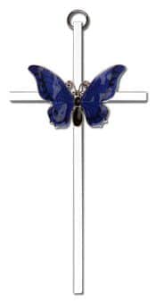 6 inch Polished Silver Finish Blue Epoxy Resurrection on a Polished Silver Finish Cross