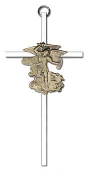 6 inch Antique Gold St. Michael on a Polished Silver Finish Cross
