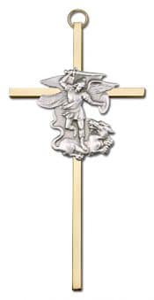 6 inch Antique Silver St. Michael on a Polished Brass Cross