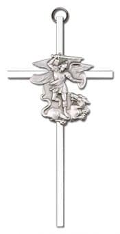 6 inch Antique Silver St. Michael on a Polished Silver Finish Cross