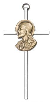 6 inch Antique Gold Sacred Heart on a Polished Silver Finish Cross