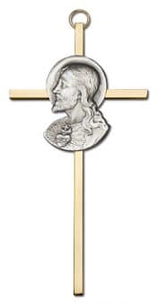 6 inch Antique Silver Sacred Heart on a Polished Brass Cross