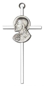 6 inch Antique Silver Sacred Heart on a Polished Silver Finish Cross