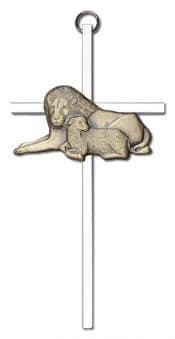6 inch Antique Gold Lion & Lamb on a Polished Silver Finish Cross