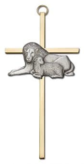 6 inch Antique Silver Lion & Lamb on a Polished Brass Cross