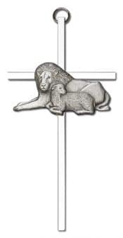 6 inch Antique Silver Lion & Lamb on a Polished Silver Finish Cross