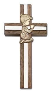 4 inch Praying Boy Cross, Walnut w/ Antique Gold inlay