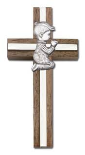 4 inch Praying Boy Cross, Walnut w/ Antique Silver inlay