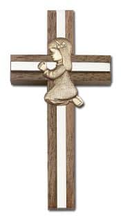 4 inch Praying Girl Cross, Walnut w/ Antique Gold inlay