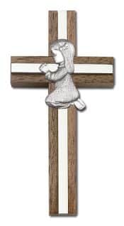 4 inch Praying Girl Cross, Walnut w/ Antique Silver inlay