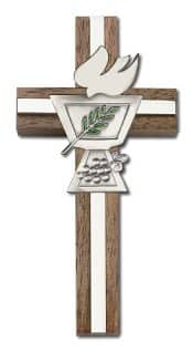 4 inch Enameled Confirmation Chalice Cross, Walnut w/ Antique Silver inlay