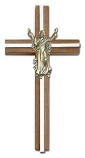 6 inch Contemporary Risen Christ Cross, Walnut w/ Antique Gold inlay