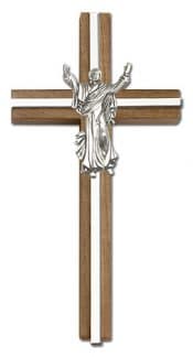 6 inch Contemporary Risen Christ Cross, Walnut w/ Antique Silver inlay